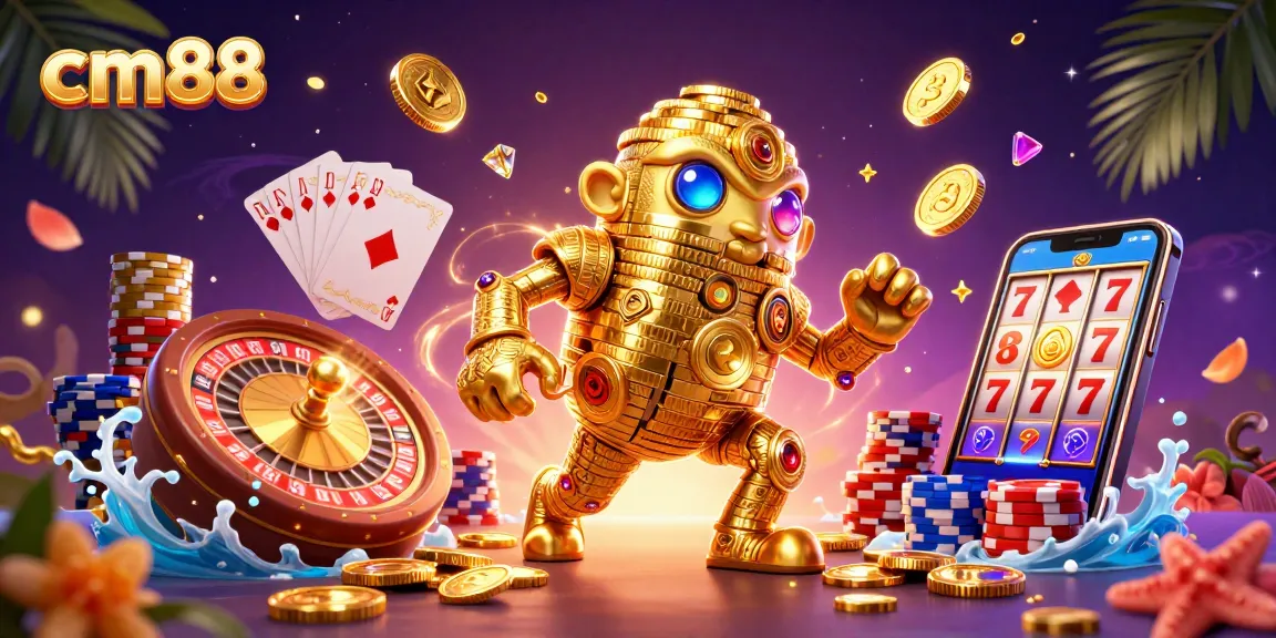 Experience thrilling gameplay at cm88 with a captivating 3D illustration featuring a golden golem, vibrant poker chips, and striking casino elements.