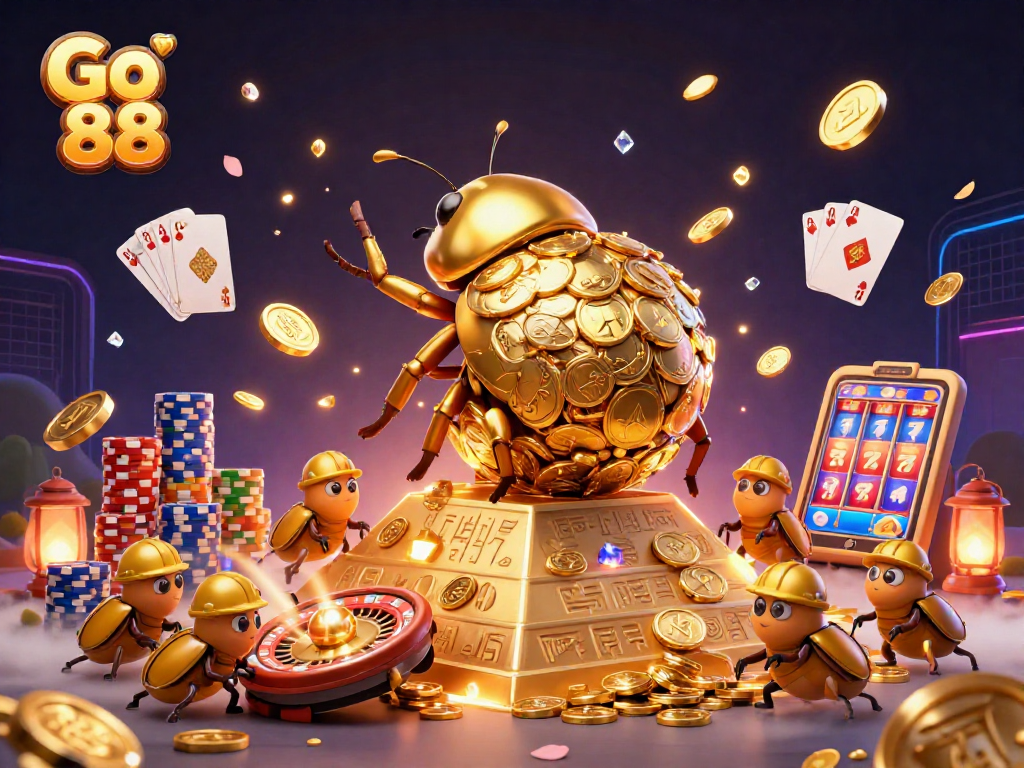 Experience the excitement of Go 88 with a vibrant illustration showcasing a golden dung beetle rolling coins and casino elements.