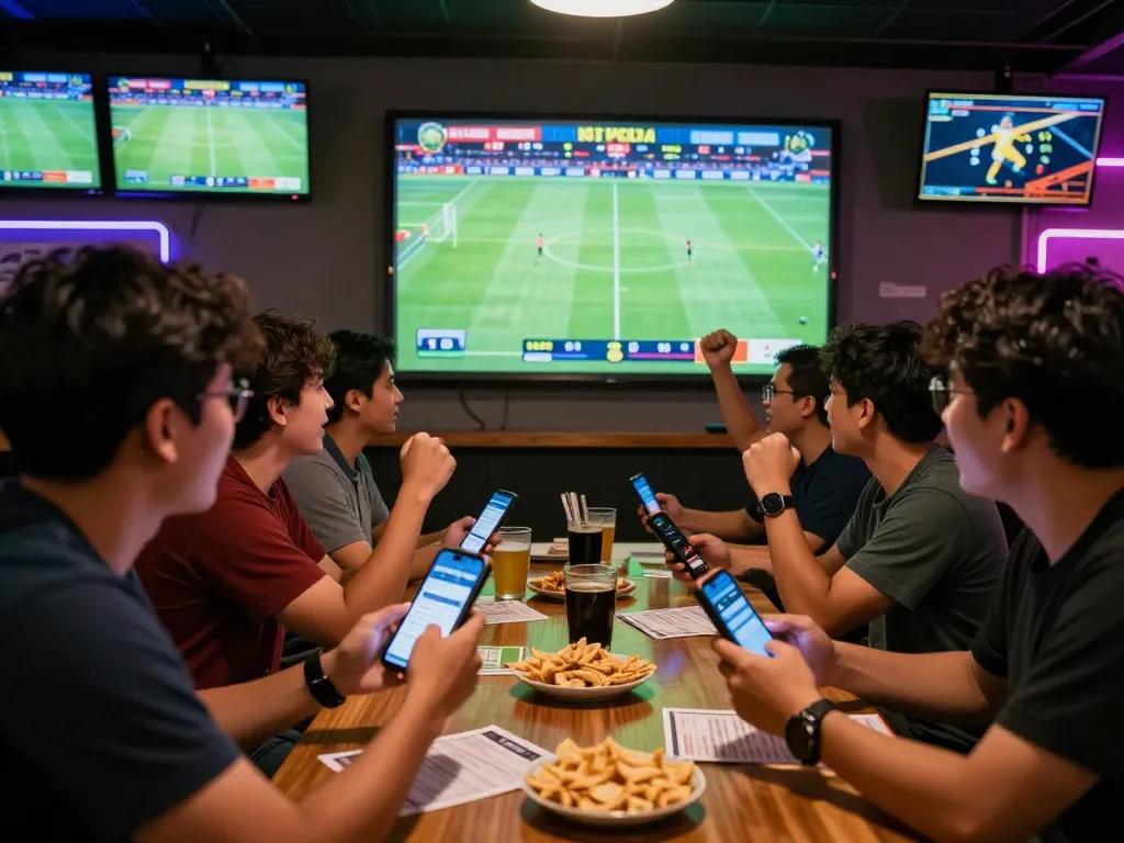 Friends enjoying live sports betting during a football match, highlighting the excitement of Judi Bola.
