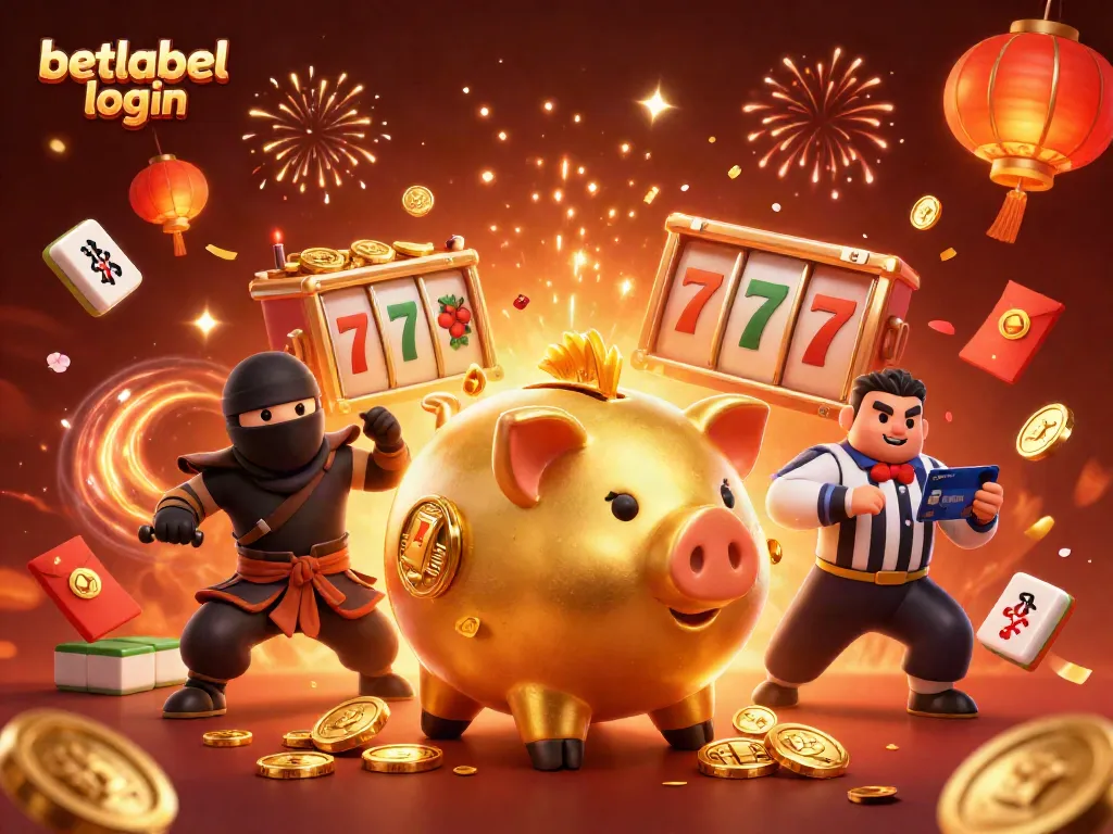 Experience the excitement at BetLabel login with a dynamic casino scene featuring lucky characters and symbols.