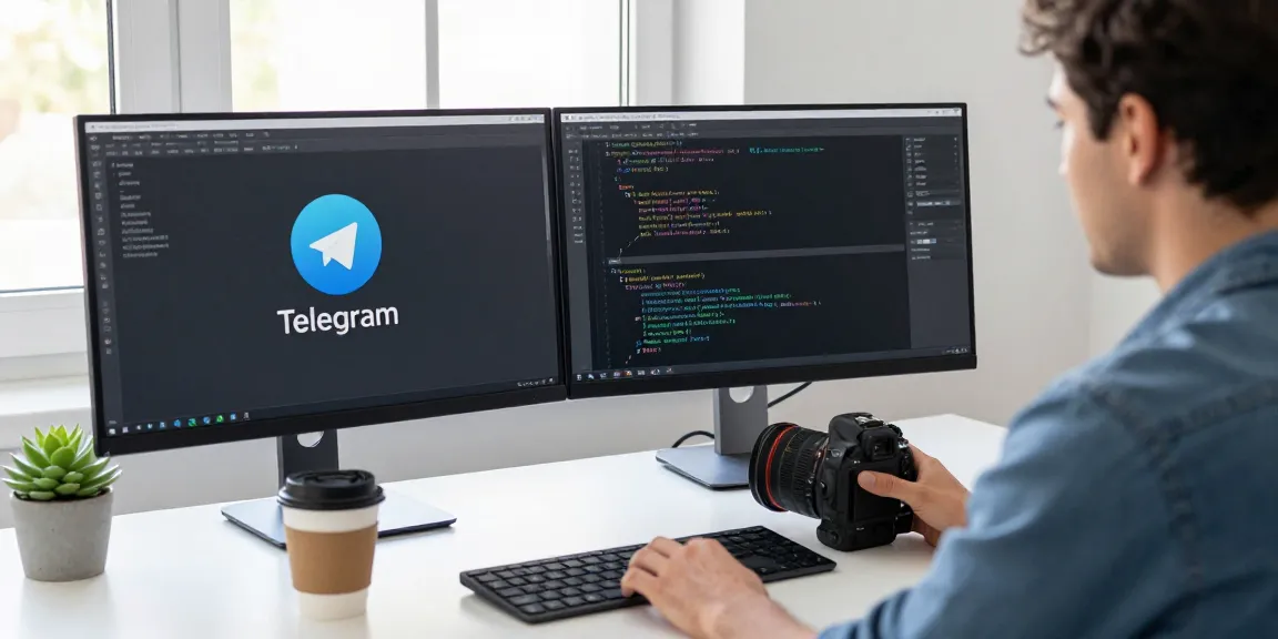 Telegram Download interface on a developer's dual-monitor setup in a modern workspace, showcasing productivity and technology.