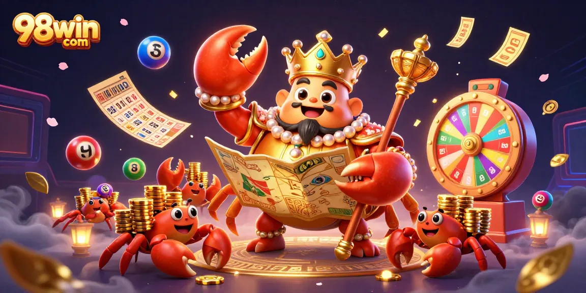 Experience thrilling wins at 98win com as cartoon crabs capture the excitement of colorful lottery games.