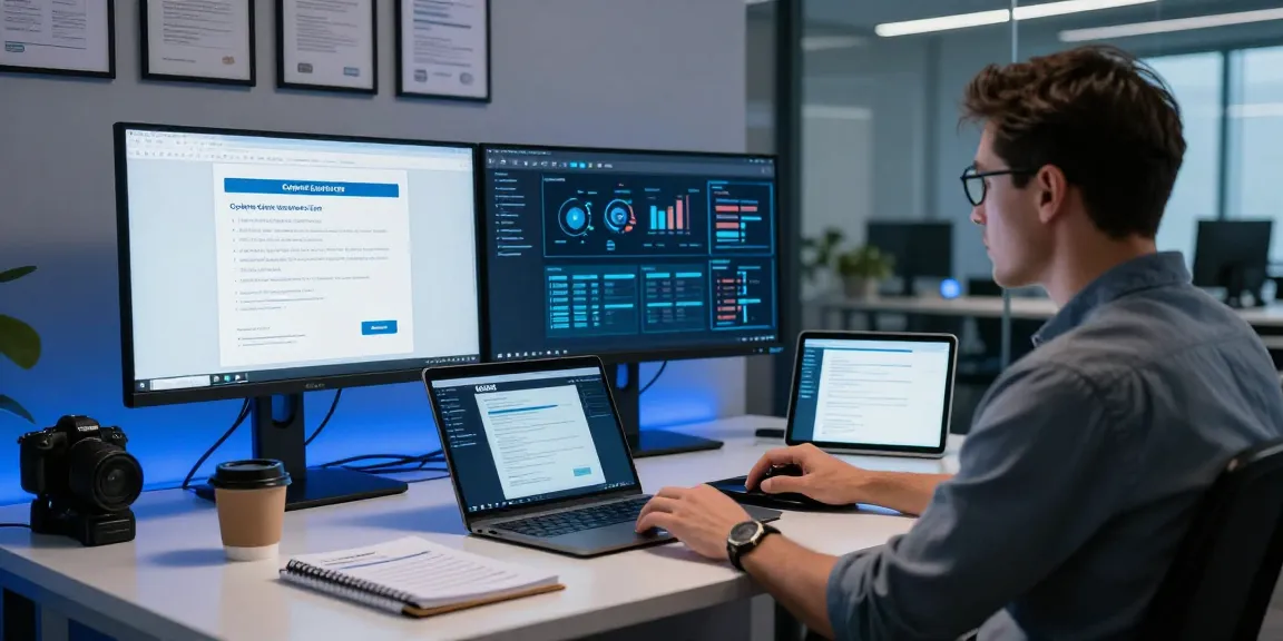 Cyber Essentials accreditation workspace with a cybersecurity consultant and digital tools focusing on compliance.