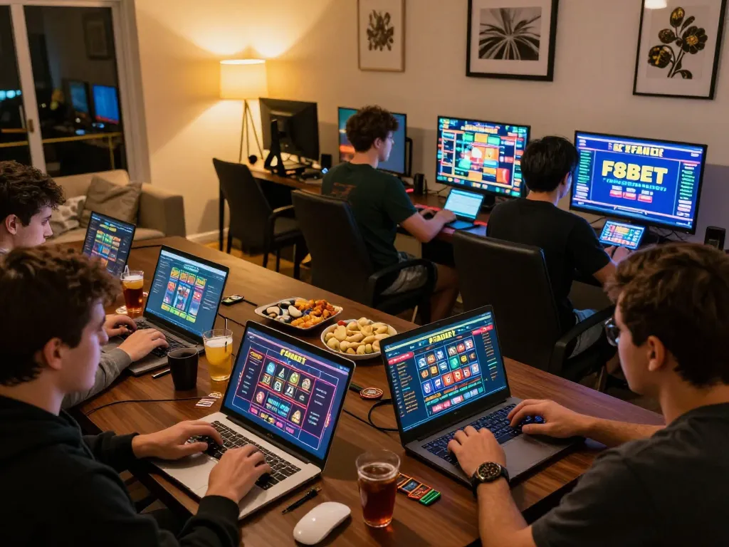 Players enjoying the thrill of F8BET online casino games from home during an exciting gaming night