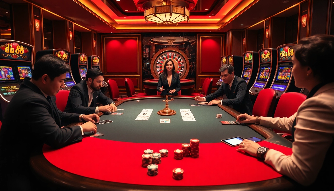 Experience the thrill of du 88 in an upscale casino setting featuring a glamorous poker table and vibrant gaming machines.