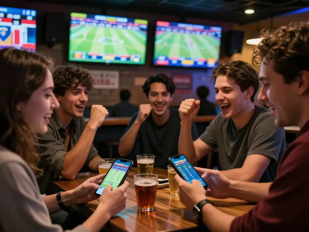 Excited bettor using NET88 on smartphone while watching live sports in a lively bar atmosphere.
