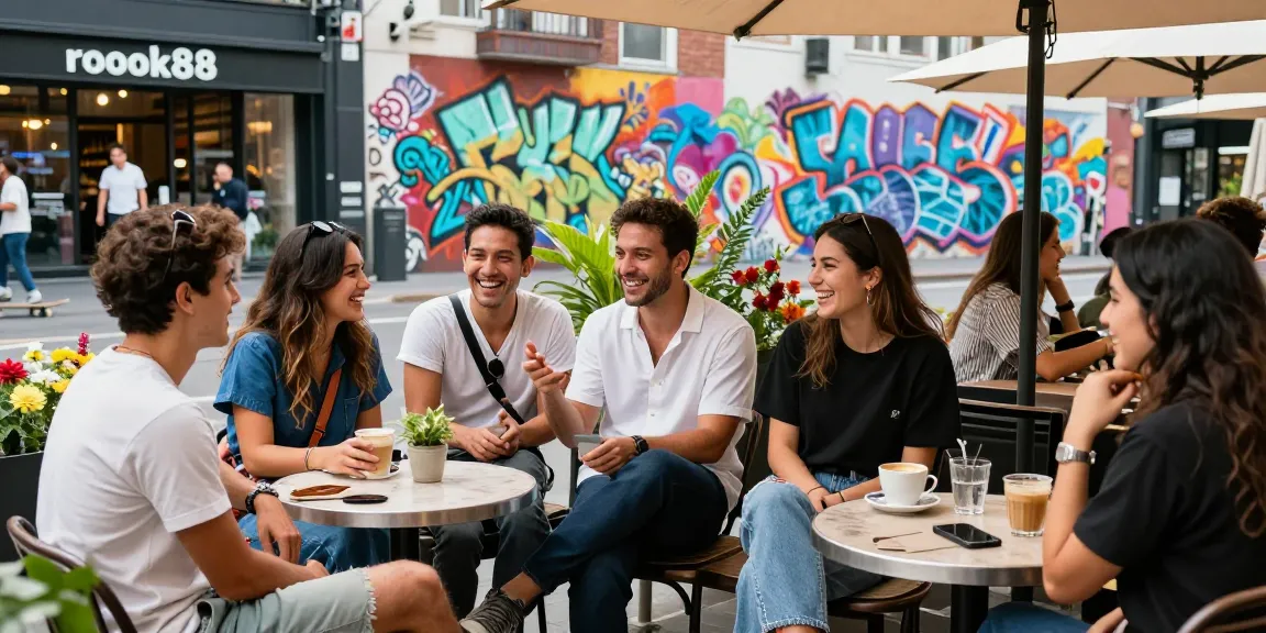 Friends enjoying coffee at a rokok88 vibrant café, showcasing lively urban lifestyle.