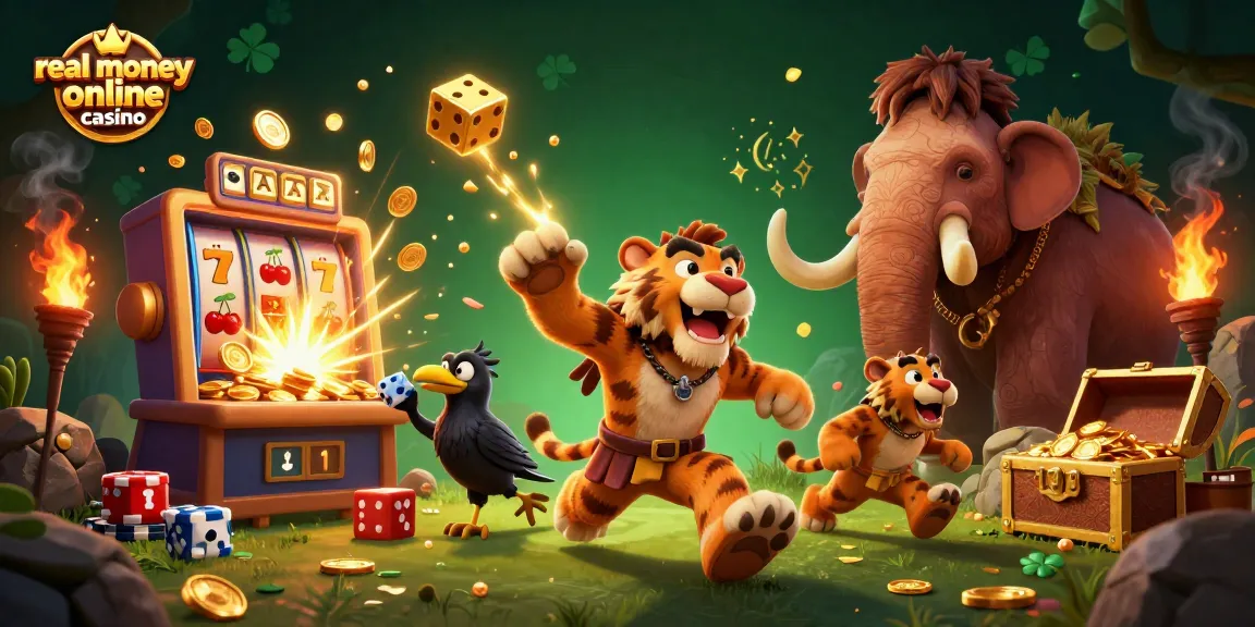 Join the fun at a real money online casino with a lively scene featuring a caveman duo and their clever crow.