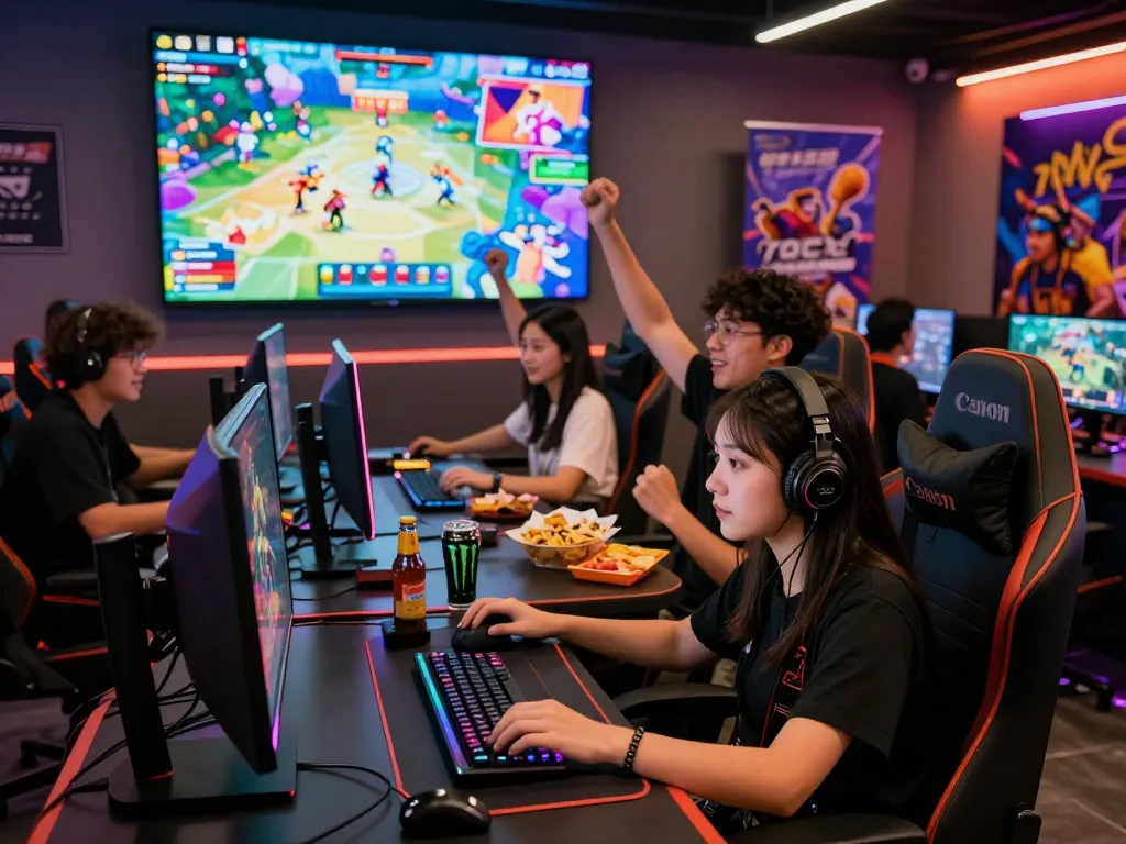 Engaging gaming lounge scene where players download and play tải go88 games on their devices, showcasing excitement and camaraderie.