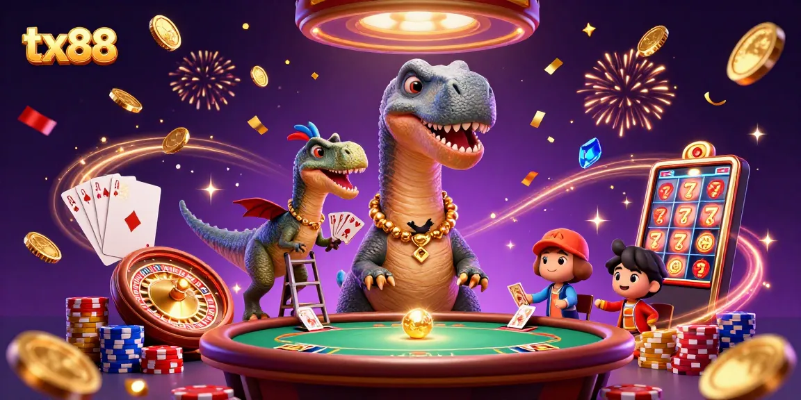 Experience thrilling gaming with tx88 featuring cartoon characters enjoying a vibrant casino atmosphere.