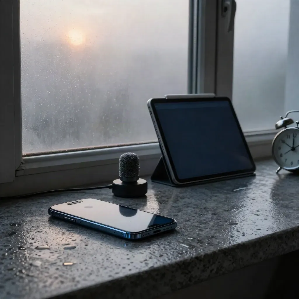 Smartphone, tablet e orologio su pietra bagnata all’alba, luce drammatica in redazione.