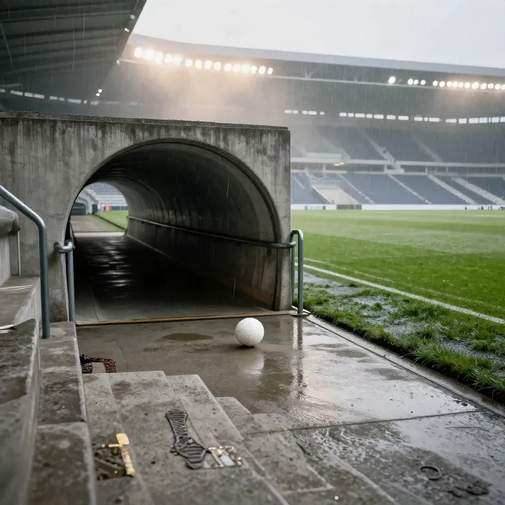 Tunnel dello stadio vuoto, palla sul touchline e pioggia sotto i riflettori.