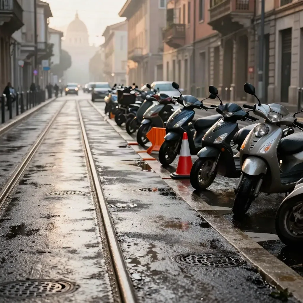 Strada romana bagnata dopo la pioggia con binari del tram, scooter e cono rosso.