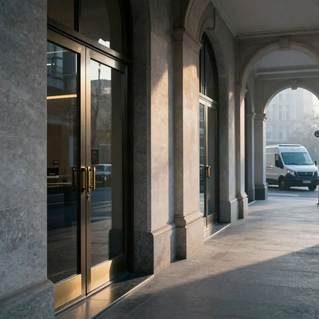 Arcata bancaria all’alba con porte chiuse, colonnato in pietra e furgone corriere fuori.