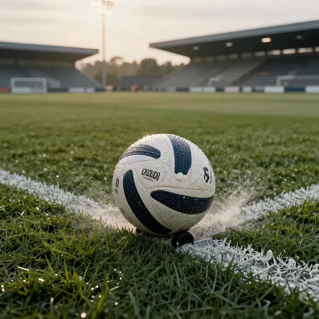 Pallone da calcio bagnato sul dischetto centrale, con campo segnato e tribune vuote sfocate.