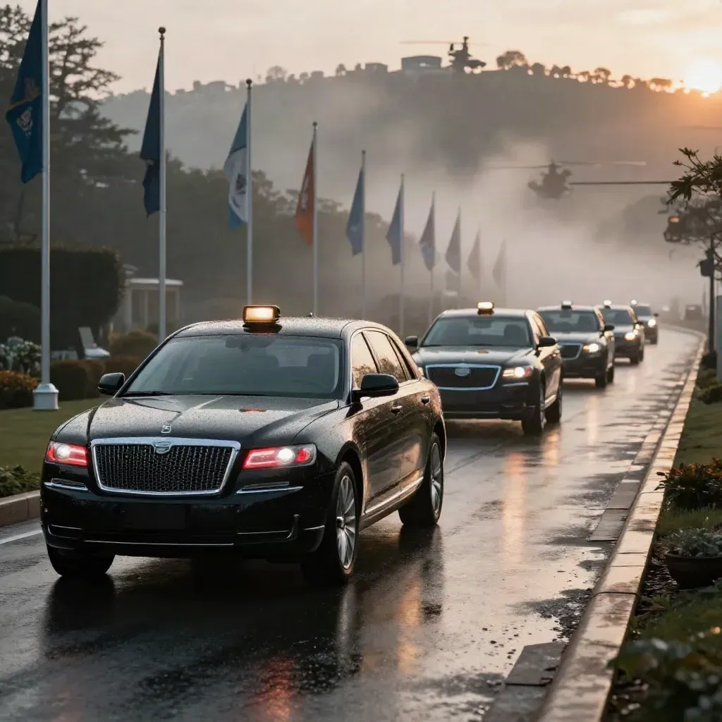 Corteo di auto nere su asfalto bagnato davanti all’hotel del vertice, tra nebbia e luci di sicurezza.