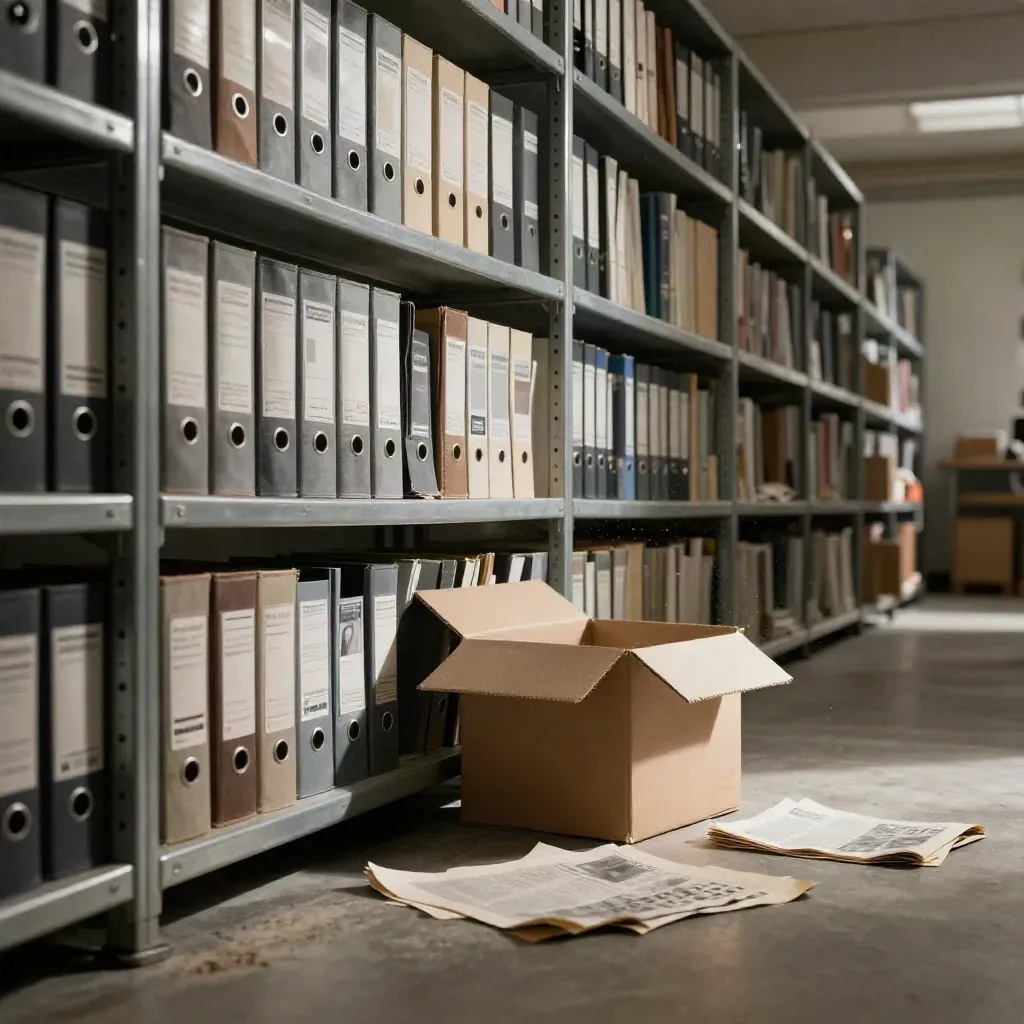 Scaffali d’archivio con faldoni e cartoni aperti in un corridoio di deposito.