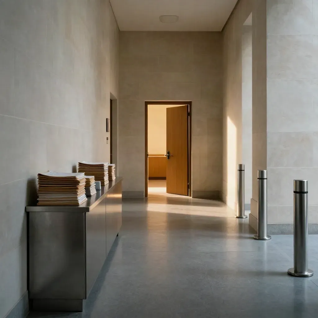 Corridoio istituzionale vuoto con fascicoli, dissuasori e porta illuminata in fondo.