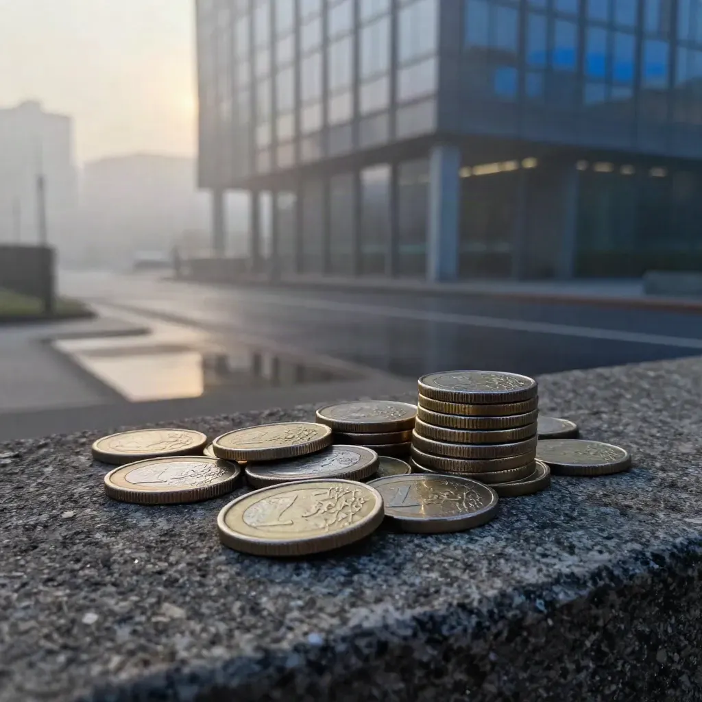 Monete euro impilate su una lastra di pietra, con città sfocata e pavimento bagnato.
