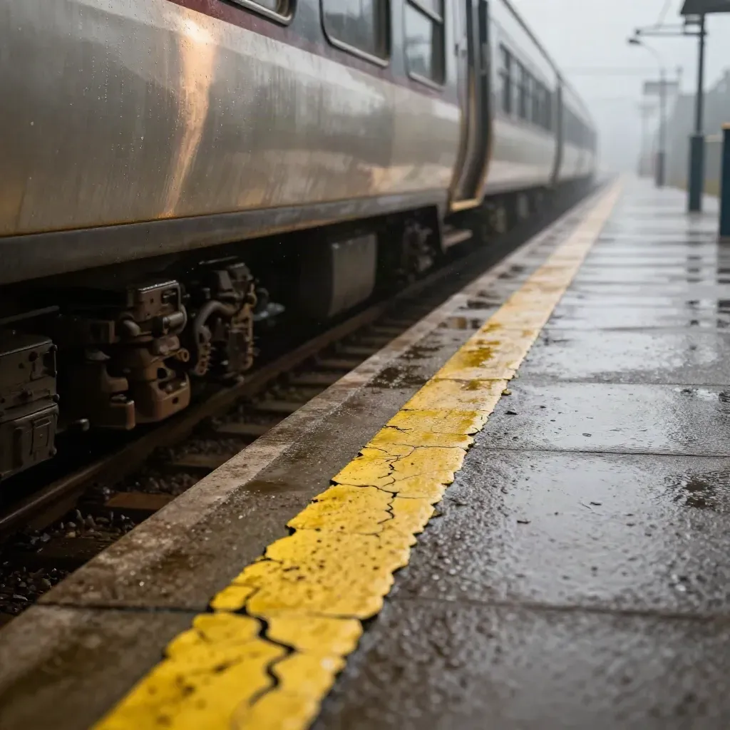 Binario bagnato con treno regionale fermo, linea gialla e pioggia leggera