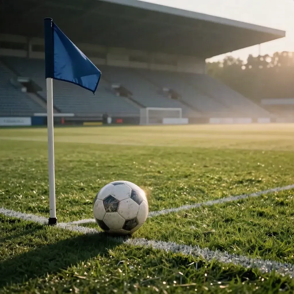Pallone fermo vicino al calcio d’angolo in uno stadio notturno, tribune vuote illuminate