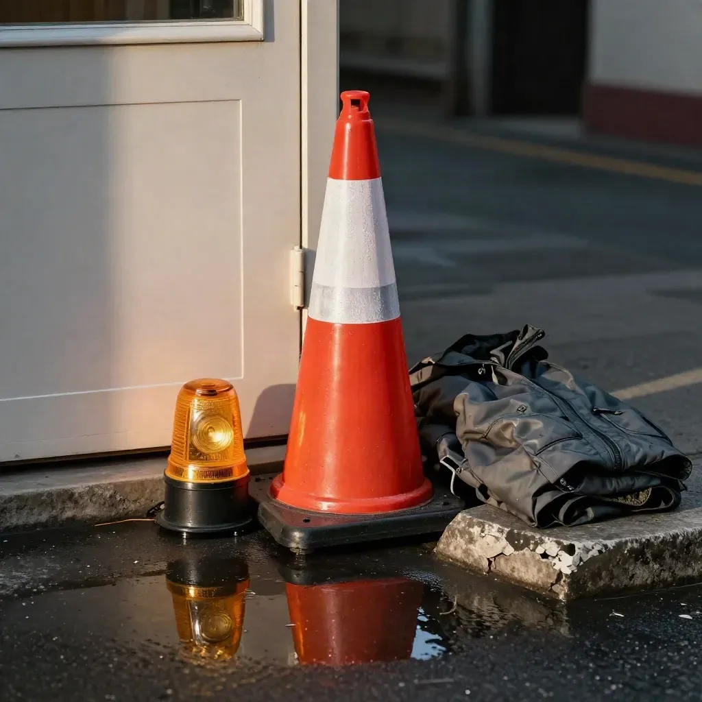Cono stradale, lampeggiante ambra, giacca antipioggia e cordolo su cemento bagnato.