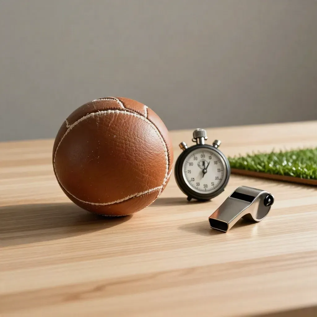 Pallone da calcio vissuto, cronometro nero, fischietto e zolla d’erba su legno chiaro.