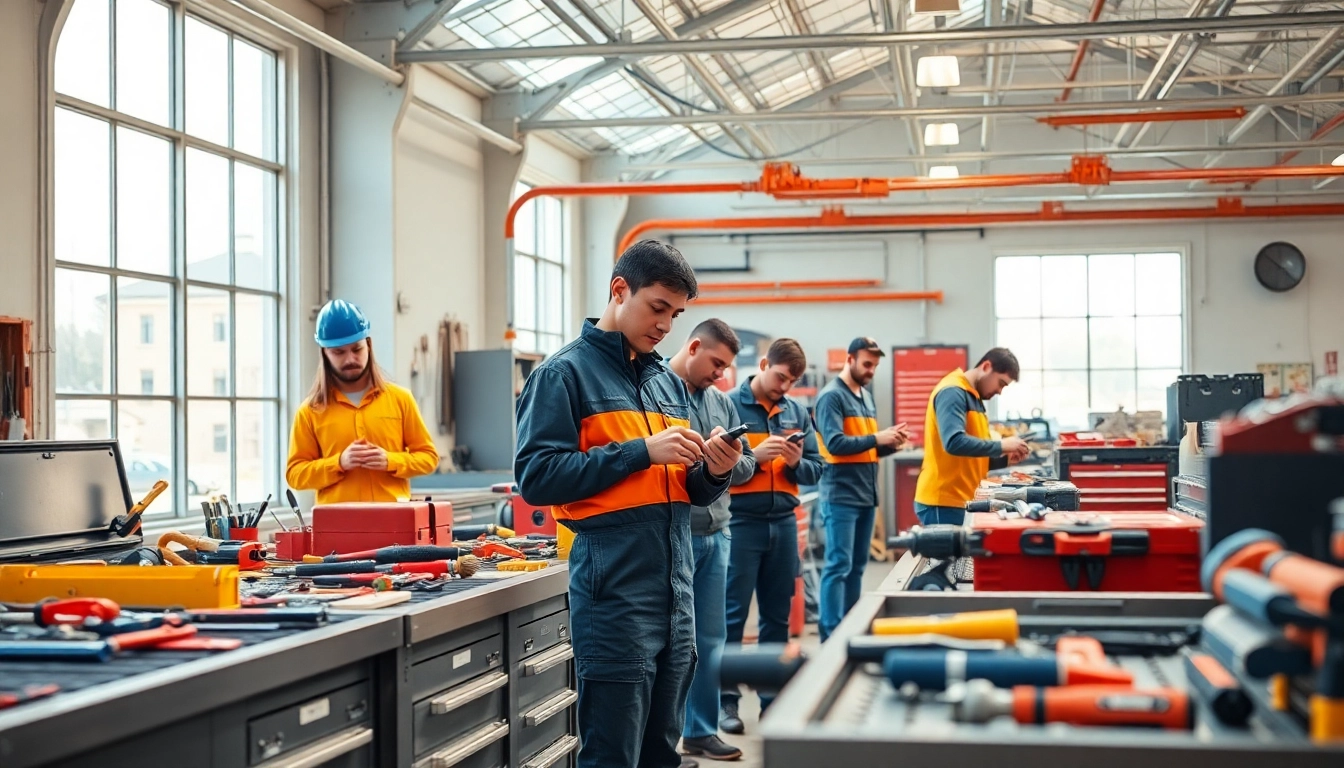 Tecnici esperti che utilizzano strumenti KS di alta qualità in un'officina luminosa, mostrando lavoro di squadra e professionalità.