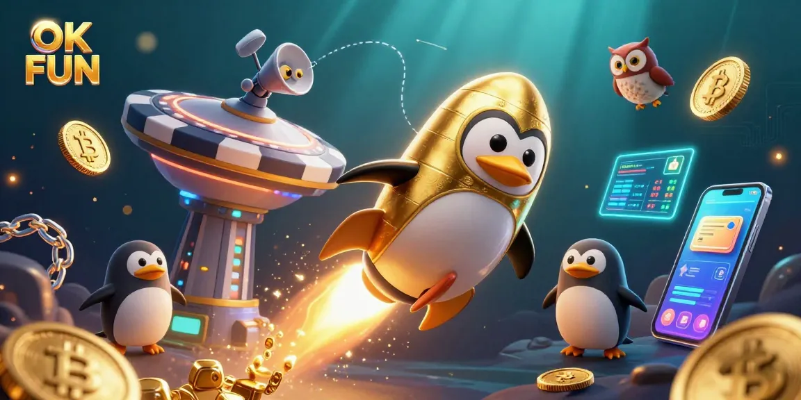 Experience the excitement of OK FUN with thrilling casino elements, golden penguin, and crypto coins.