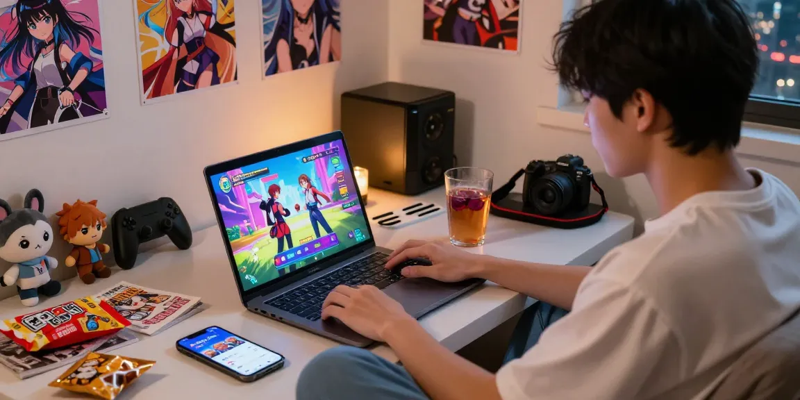 Engaging young adult playing a mobile hentai game on a laptop in a cozy gaming setup.