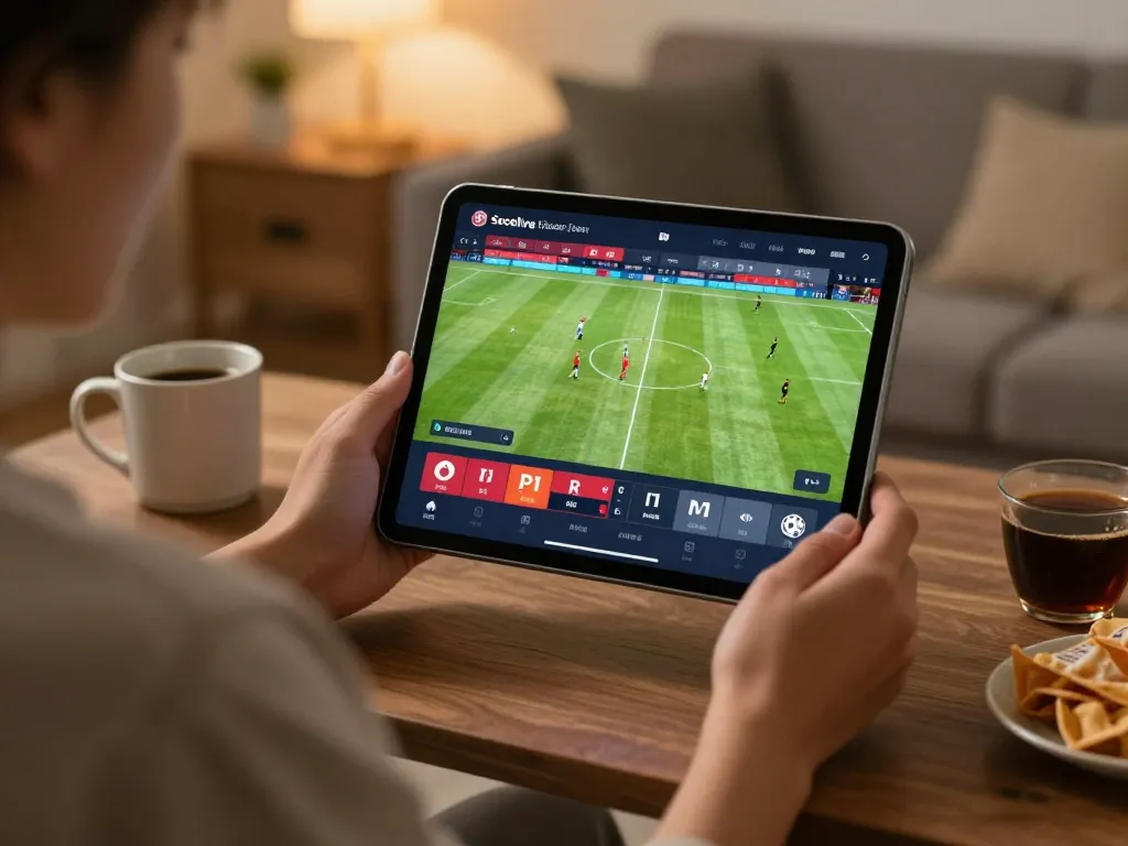 Engaging with Trực tiếp bóng đá socolive on tablet, showcasing live match excitement in cozy setting.
