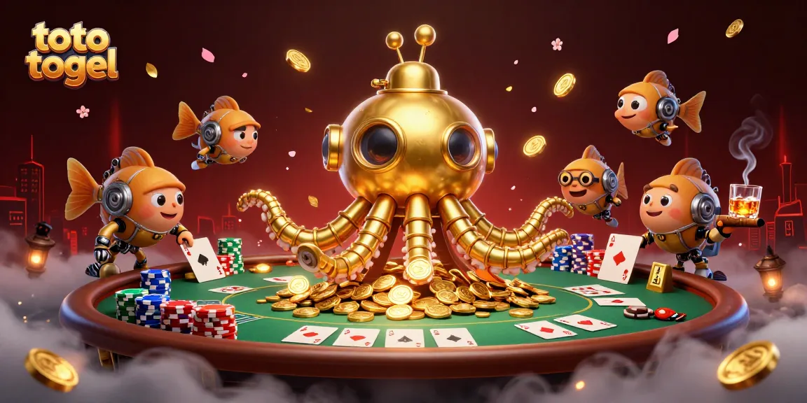 Engage in toto togel thrills with a vibrant 3D illustration of a kraken submarine amidst golden coins and poker action.