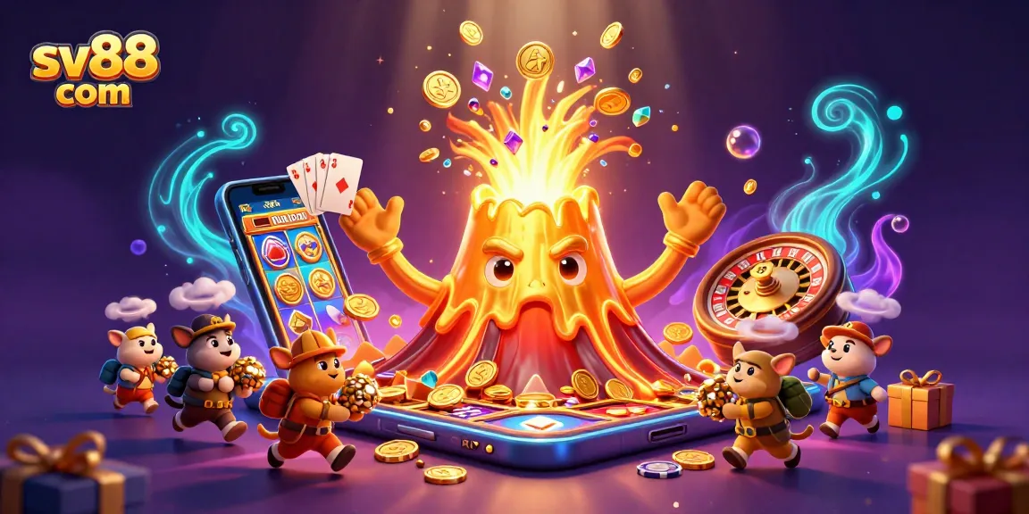 Experience thrilling gaming at sv88 com with vibrant casino elements and a treasure volcano scene.
