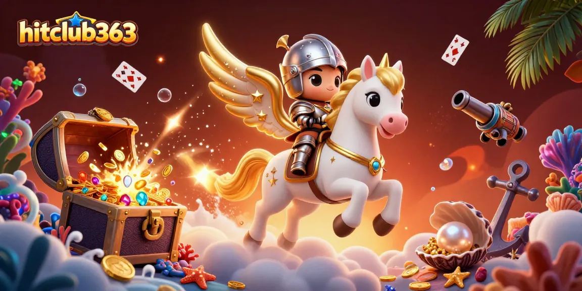 Experience the magic of hitclub363 with a celestial horse and armored knight amidst exploding treasures and vibrant casino elements.
