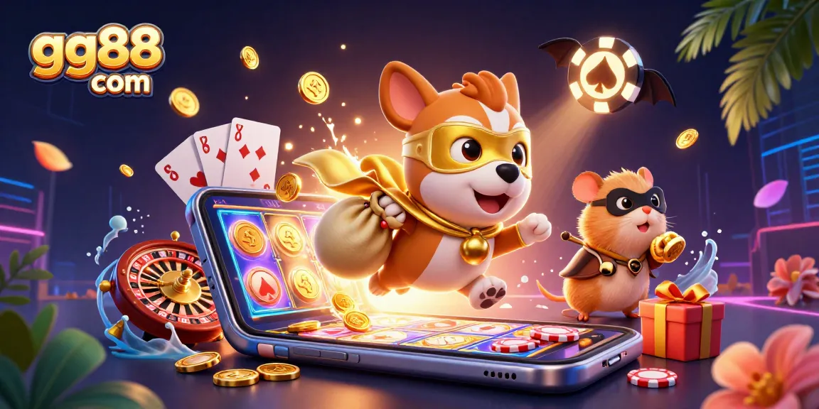 Unleash excitement with gg88 com as the superhero dog flies amidst casino elements in a vibrant 3D scene.