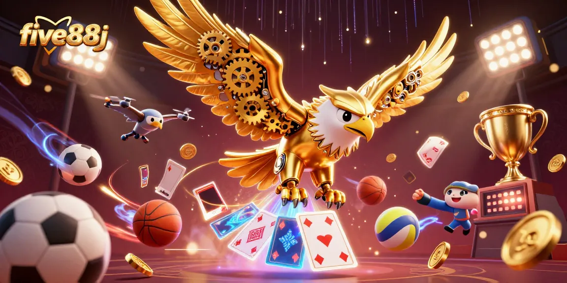 Experience thrilling action at five88j, showcasing a cybernetic eagle diving through holographic cards and sports elements.
