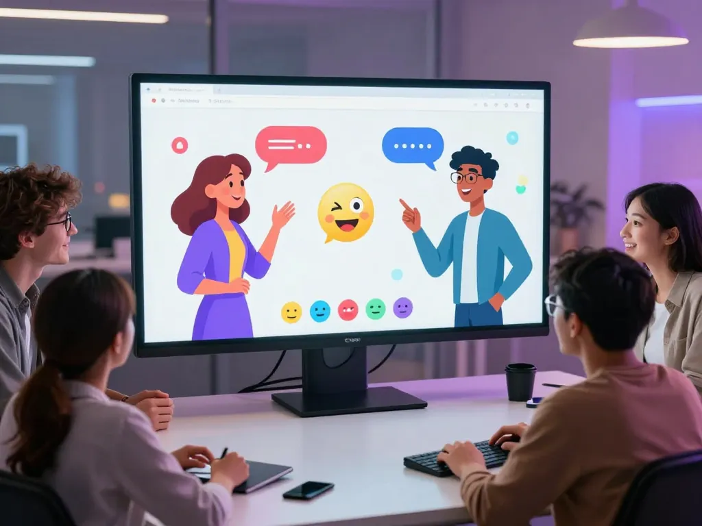 Engaging digital interaction showcasing users having fun crush on AI characters in a modern workspace.