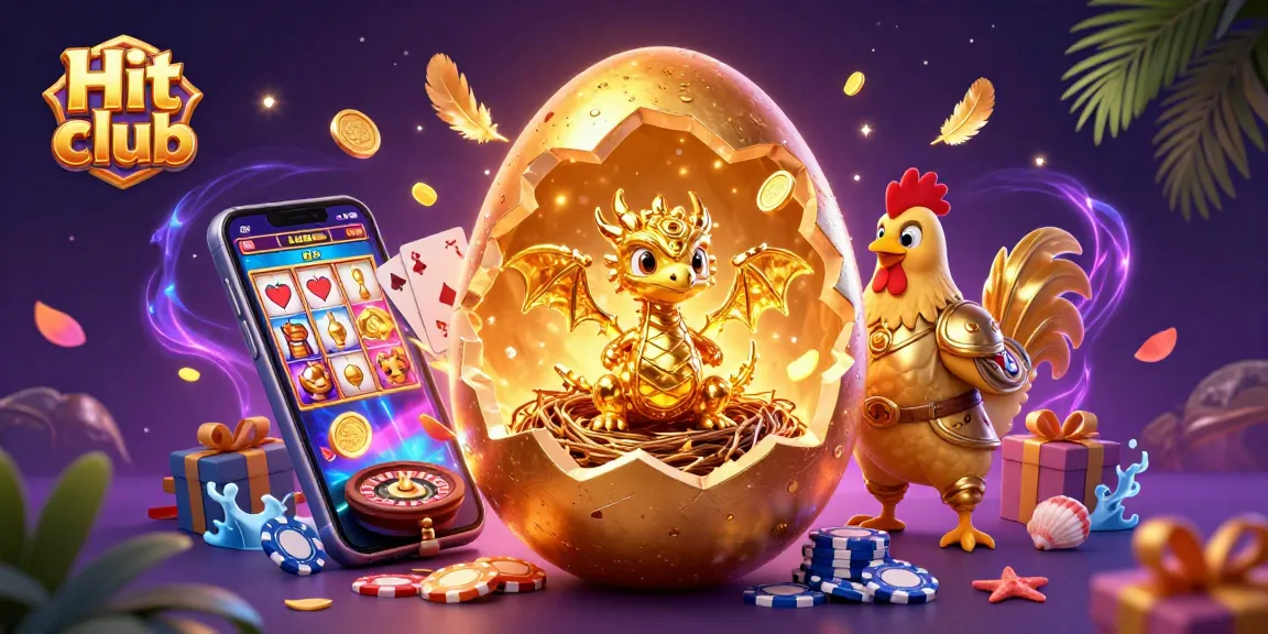 Hit club gaming scene features a golden dragon and poker chips amid vibrant casino elements.
