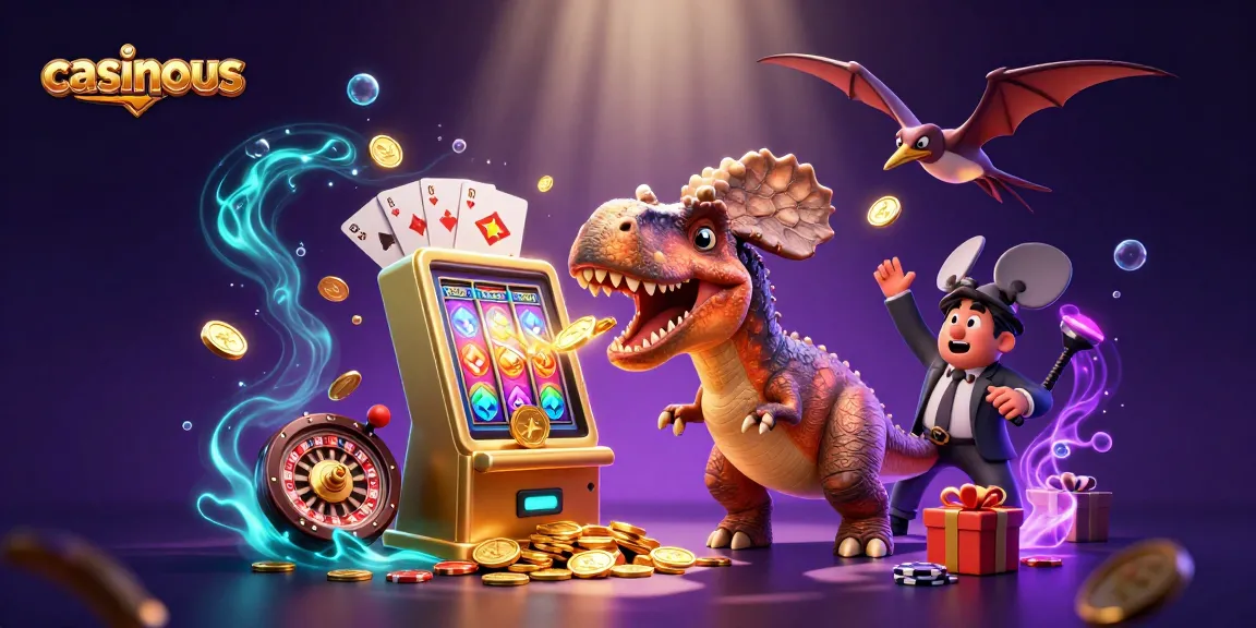 casinous showcases a 3D dinosaur headbutting a slot machine, coins flying everywhere in a vibrant casino scene.