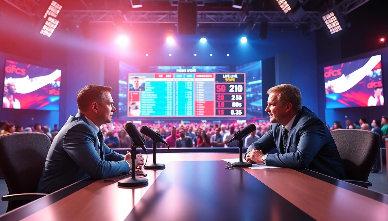 Captivating sports broadcasting scene with hosts engaging viewers during live coverage.
