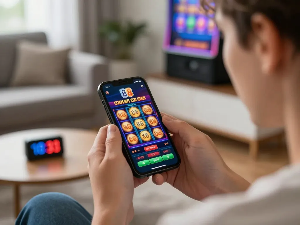 Player engaged with tg 88 casino app on smartphone, showcasing online gambling excitement and strategy.