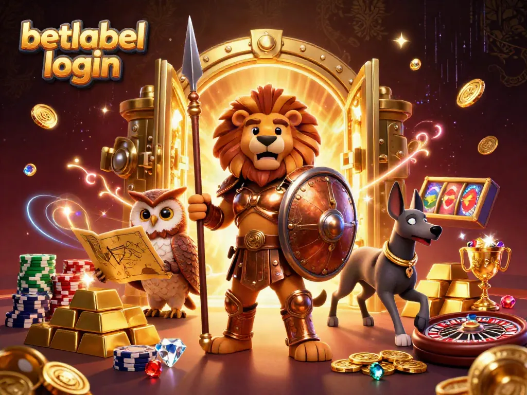 Engage with Betlabel login at an exciting casino scene featuring a Spartan lion, tactical owl, and swift greyhound.