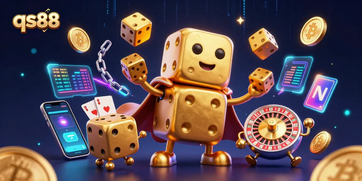Engage with qs88 casino action featuring a golden dice golem and vibrant crypto elements.