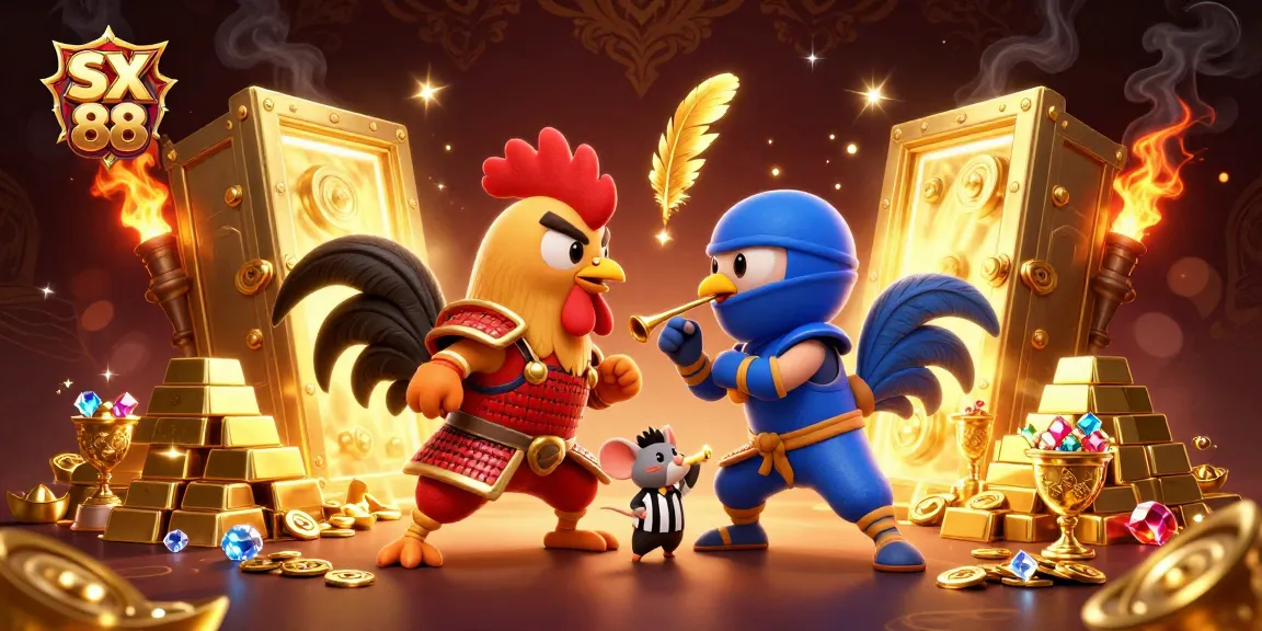 SX 88 features twin cartoon fighting roosters in an action-packed casino showdown with golden treasures.