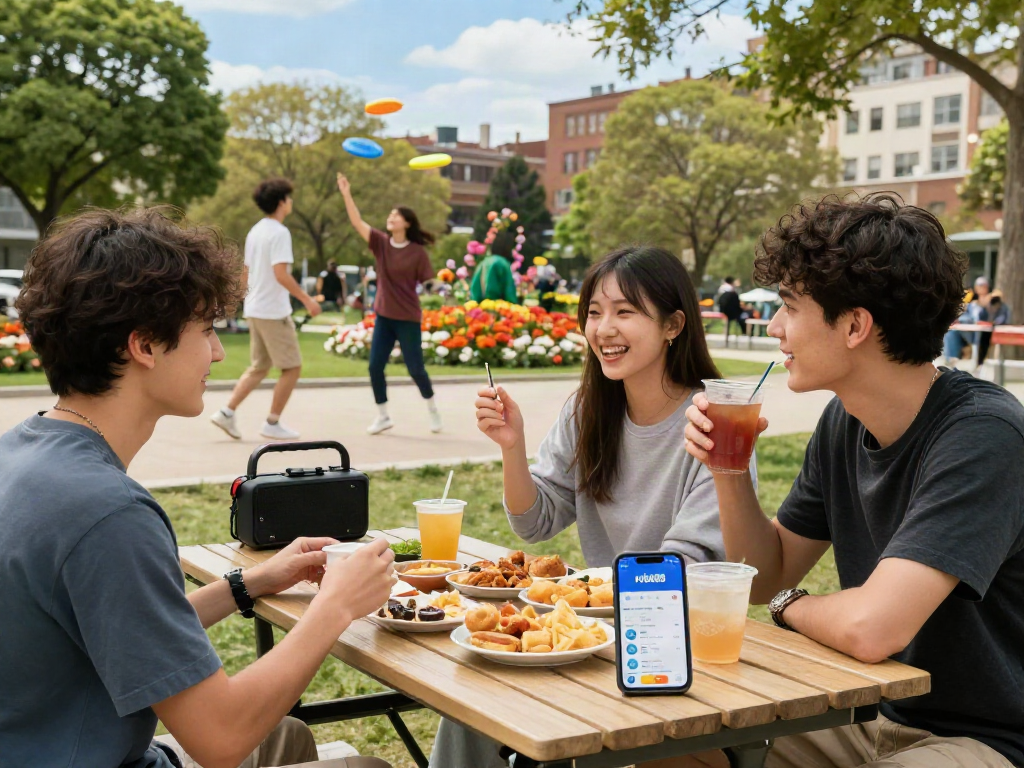 Friends enjoying snacks and the rokok88 app interface in a vibrant park setting.