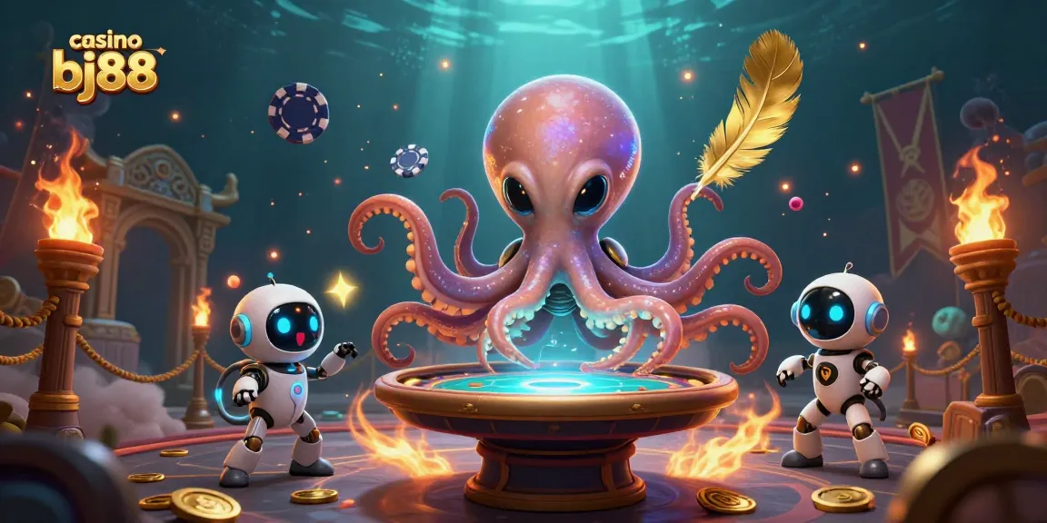 Experience thrilling action at casino bj88 with a vibrant 3D rendering of an alien octopus at a poker table.