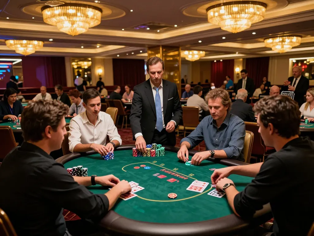 Experience the thrill of betting at TT88's vibrant casino floor with engaged players and colorful chips.