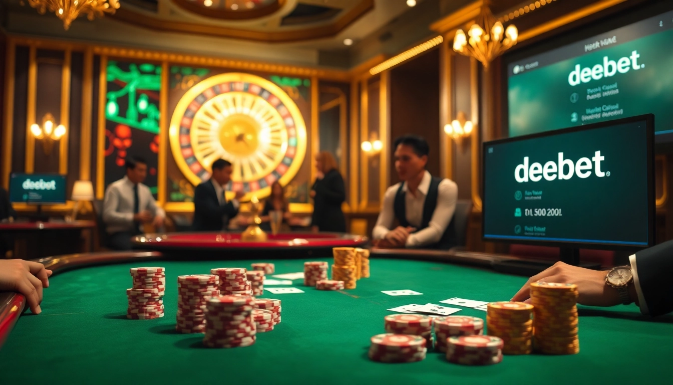 Players enjoying a thrilling poker game at a casino featuring debet betting options.