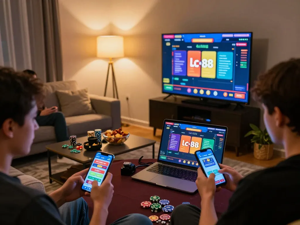 Players engaging with the lc88 app on smartphones and laptops in a cozy home setting, enjoying online gambling responsibly.