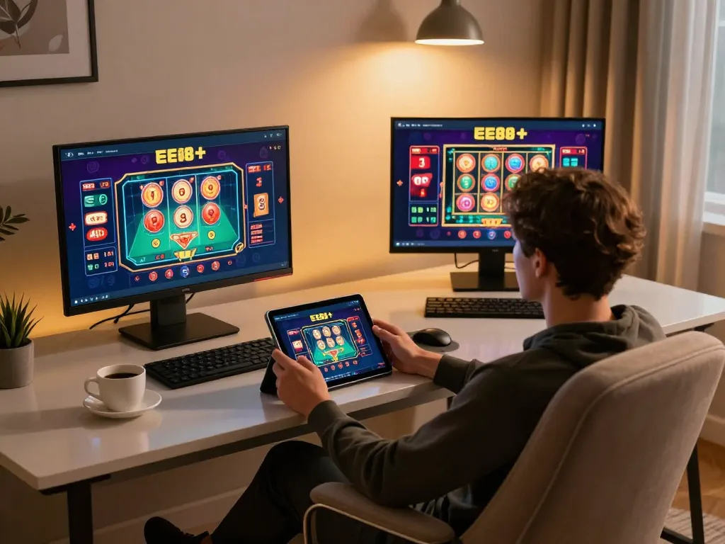 Engaging in ee88 online poker on a tablet in a cozy home office setup